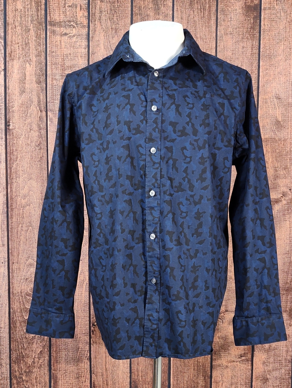 APT. 9 Mens Blue and Black Camo Premier Flex Slim Fit Long Sleeve